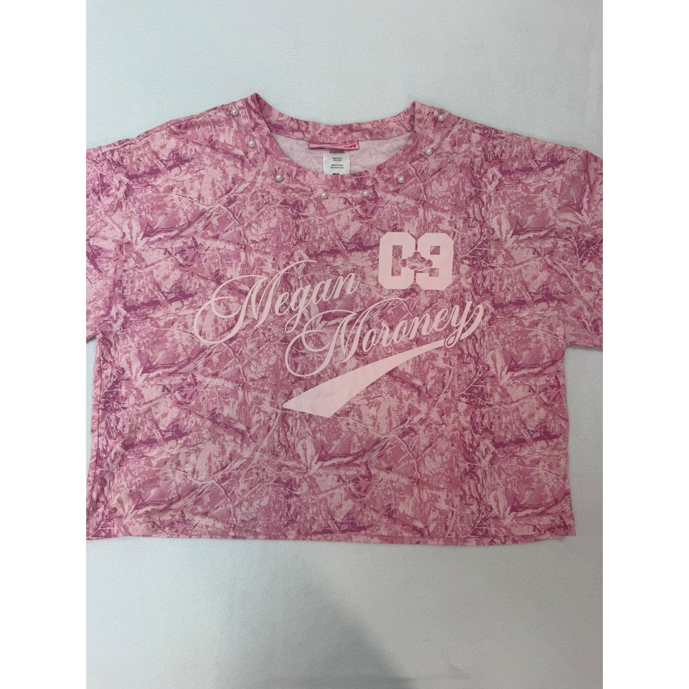 Megan Moroney Pink Marble Crop Top Pearl Embellished Graphic Tee Womens Medium